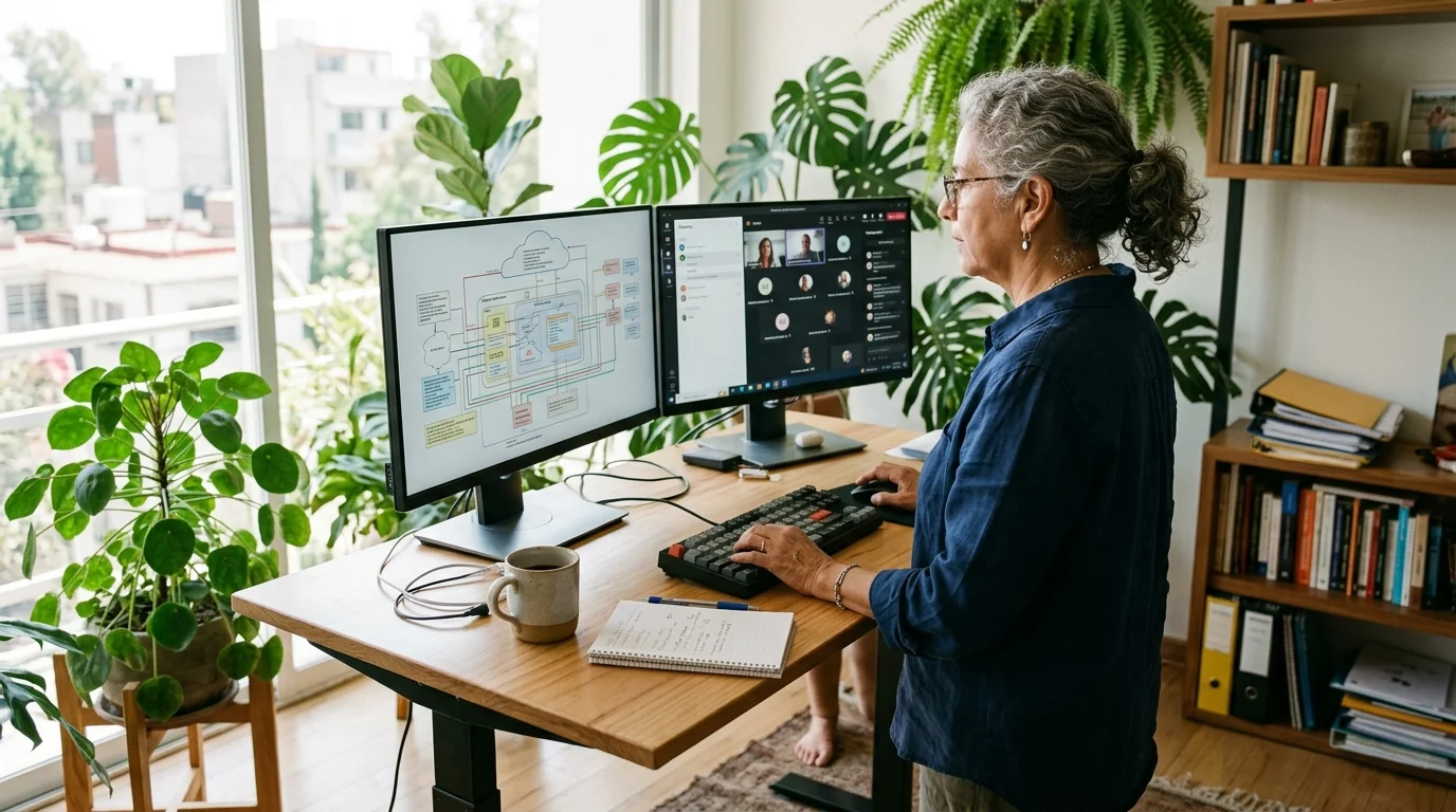 Tech professional working from home at a dual-monitor workstation