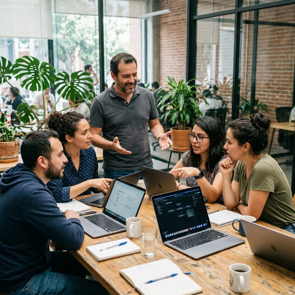Team members gathered in a collaborative working environment