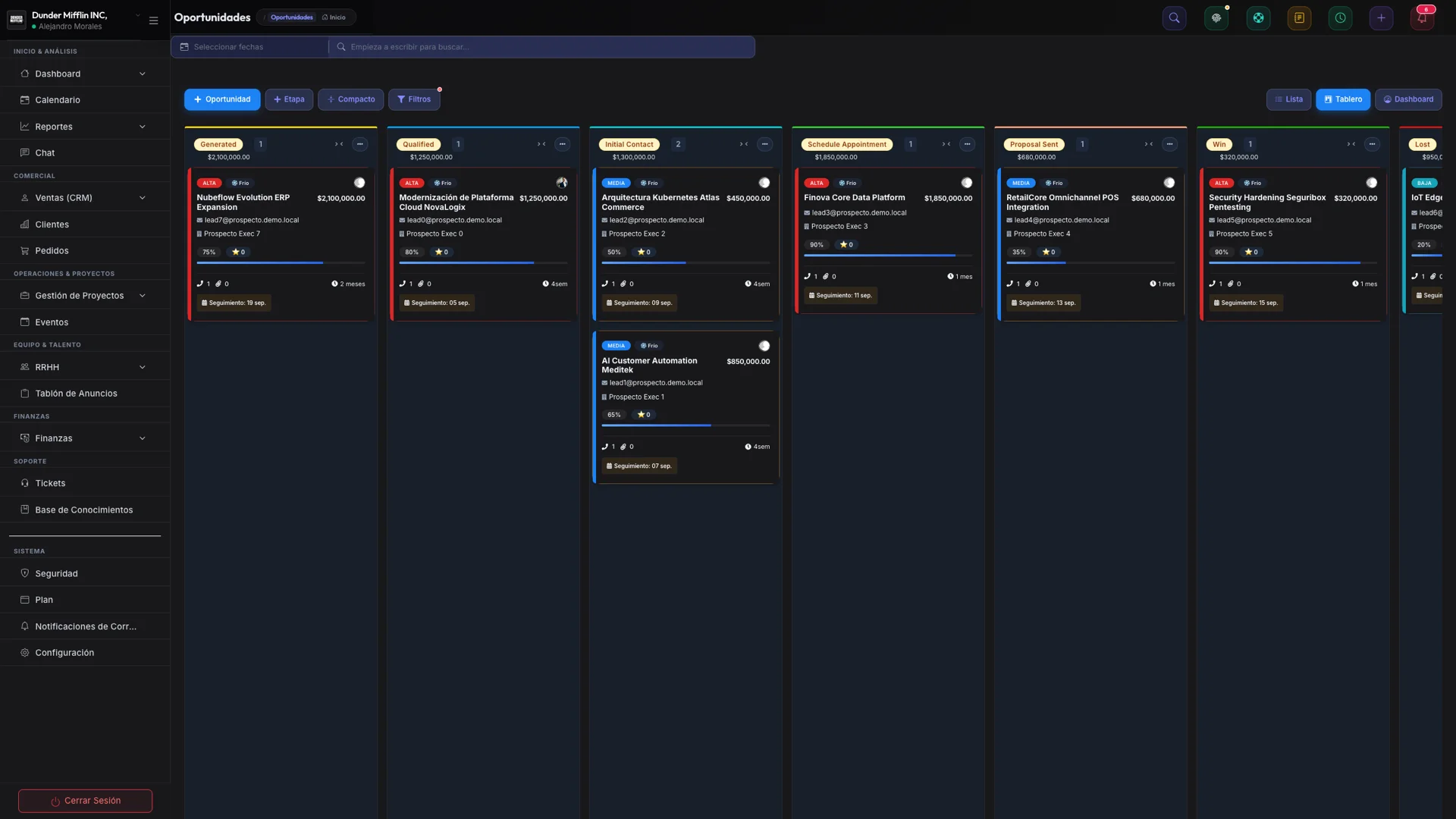 NUBEFLOW — Pipeline de Oportunidades CRM en vista Kanban con seguimiento de ventas y pronóstico comercial